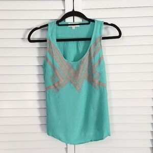 Umgee Top, Size Small, Sleeveless Tank, Embroidery Design, Floaty, Aqua Blue‎
